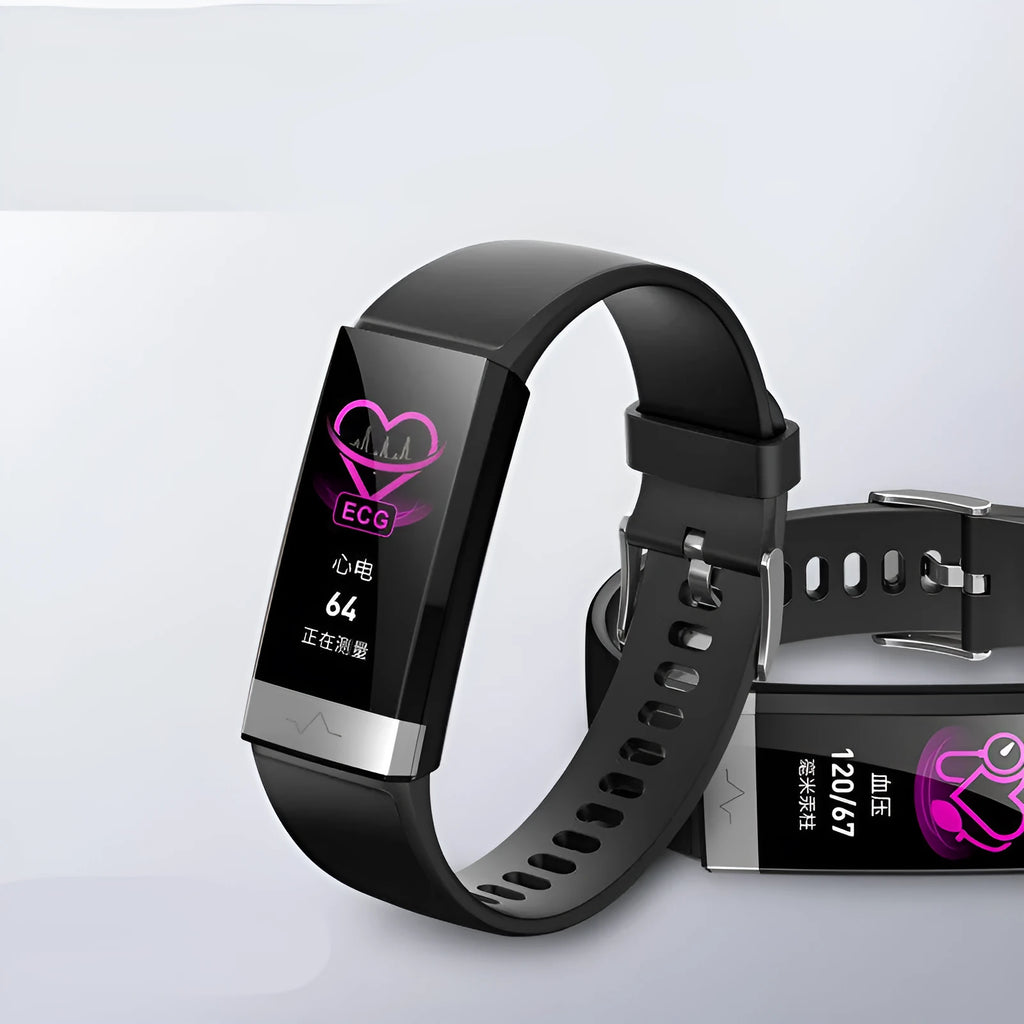 V19 smart fitness tracker bracelet with colour screen on a wrist, showing health metrics.
