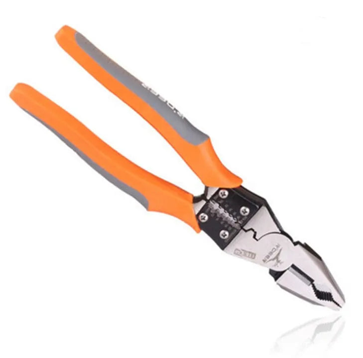 Orange-handled multi-function wire cutter pliers with chrome steel jaws for cutting and stripping electrical wire.