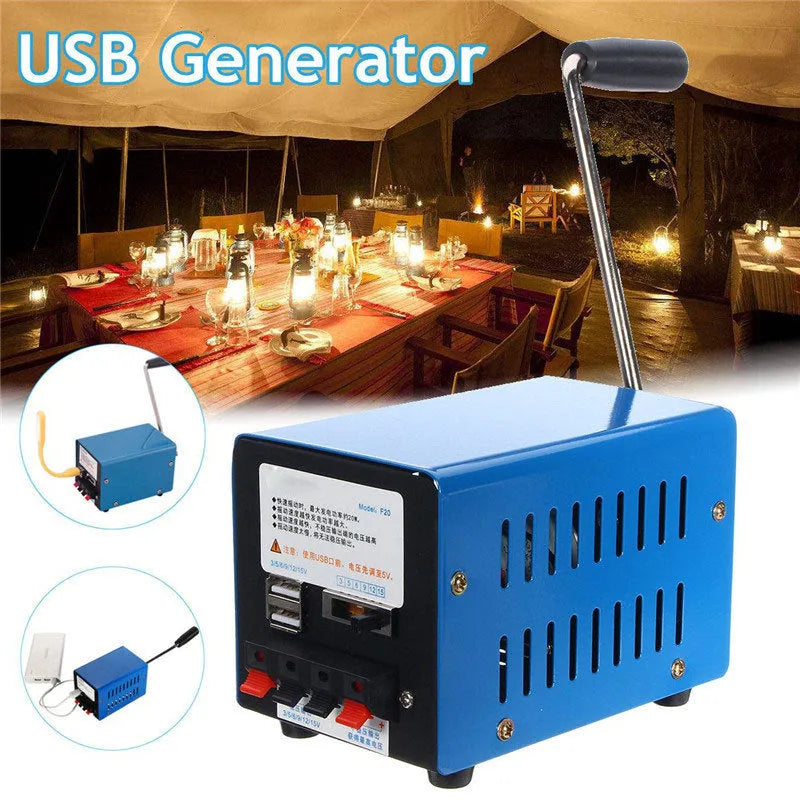 Blue metal hand crank emergency USB generator with anti-slip pads, showing compact size.