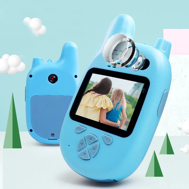 Blue and pink walkie-talkie style kids digital camera with a wide-angle lens and a small colour screen.