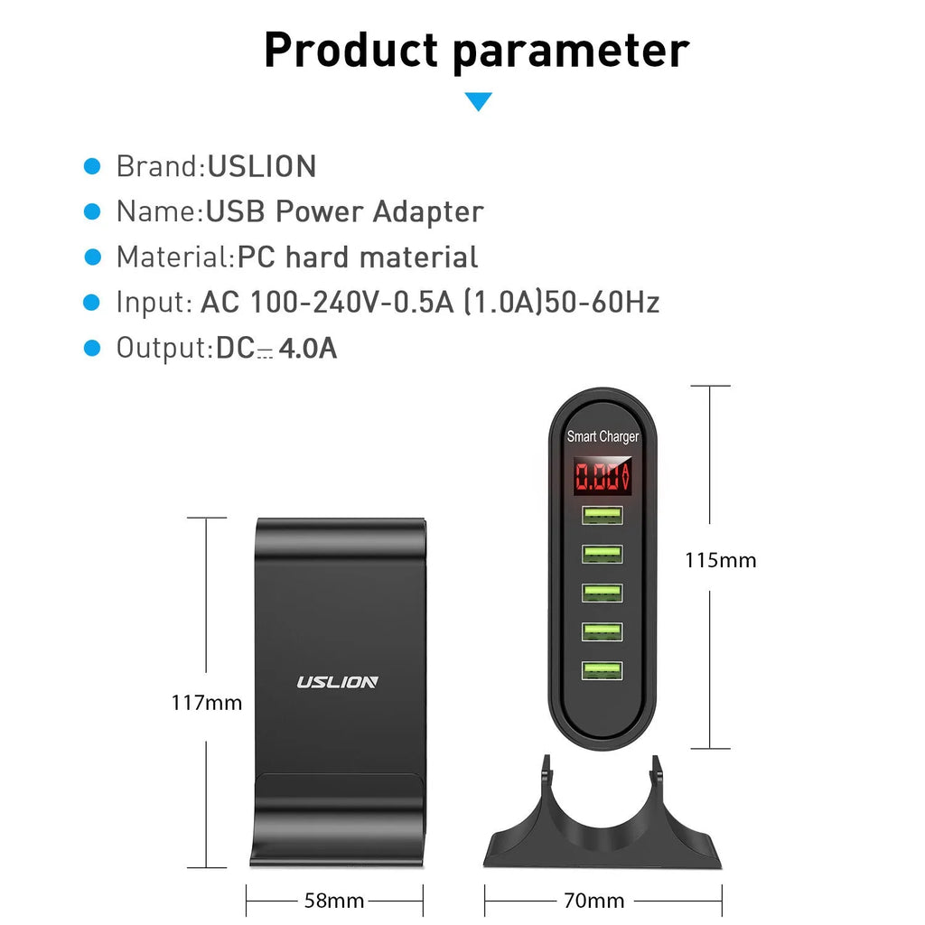 Black and white smart LED digital display USB wall charger with UK, US, and EU plug options.