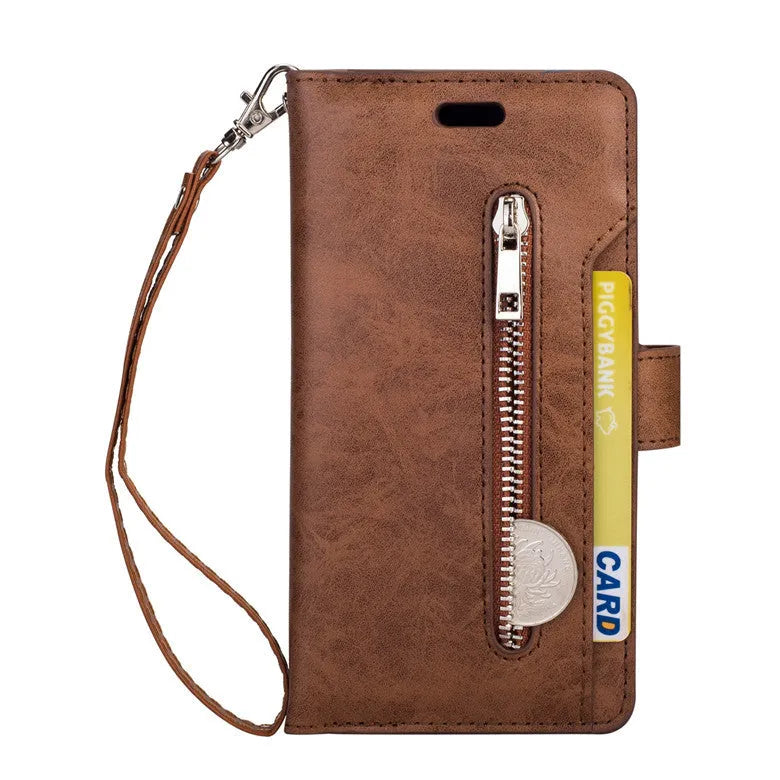 Multi function zipper wallet mobile leather case for Samsung Galaxy S10, flip style, in Black, with card slots and wrist strap.