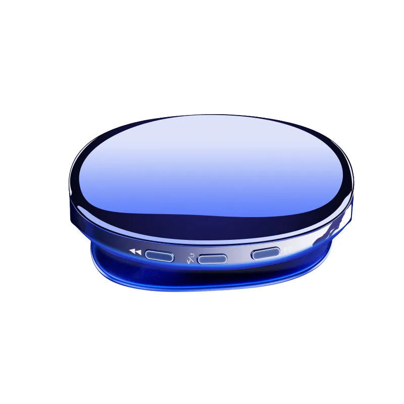 Blue Bluetooth MP4 music player with OLED screen showing music menu.
