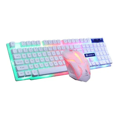 Wired gaming keyboard and mouse set with rainbow backlight and floating keys in black on a desk