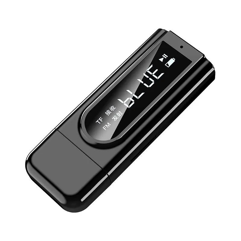 Black USB car FM Bluetooth receiver unit for wireless audio streaming in vehicles.