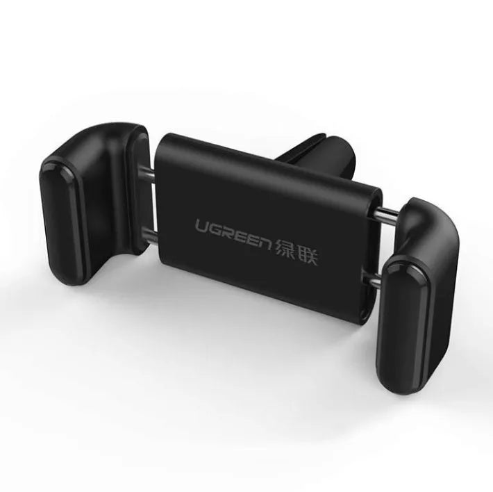 Universal car phone holder in PC and ABS, shown in Black or Grey, for hands-free in-car phone positioning.