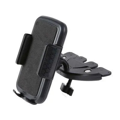 Black car phone holder inserted in CD port with adjustable clamp holding a smartphone horizontally for GPS navigation
