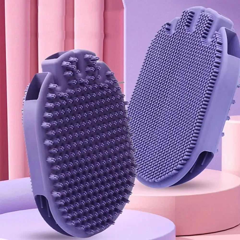 Purple dual-sided silicone pet shampoo and massage brush with soft TPR bristles