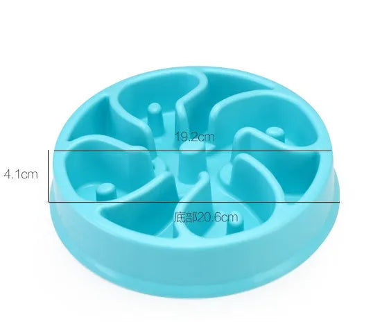 Anti-choke plastic dog bowl in blue, raised interior design, 20cm size for healthy slow feeding