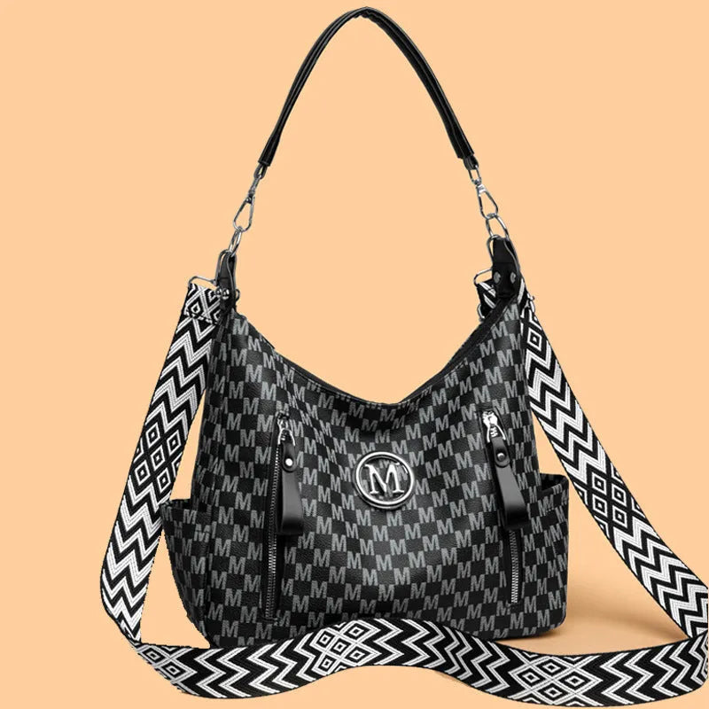 Retro simple printed PU leather messenger bag with double shoulder straps and an outer sandwich pocket.