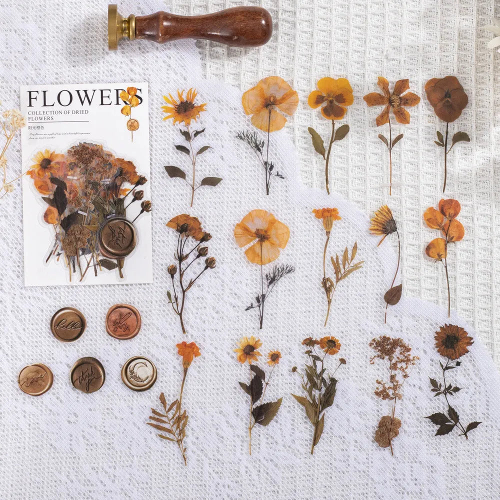 Dried flower journal decoration sticker set showing eight artistic styles on 70mm PET sheets