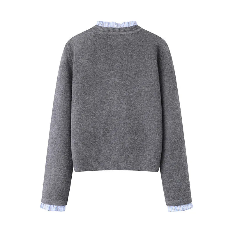 Women's pleated lace collar sweater coat in Navy Blue or Gray, acrylic long sleeve regular sleeve knit cardigan, sizes S M L