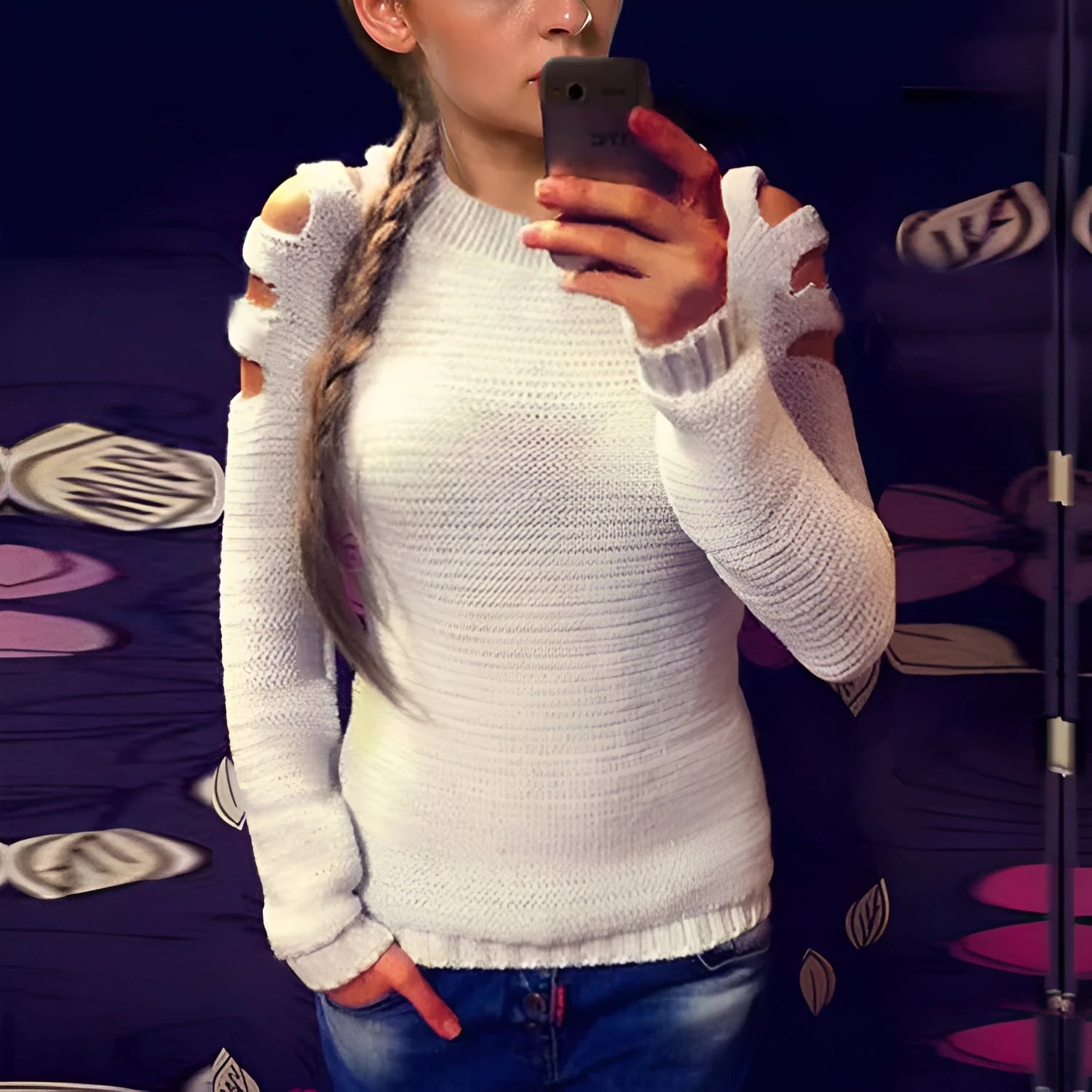 Women's white knitted shirt with hollow-out crochet patterns and round neck