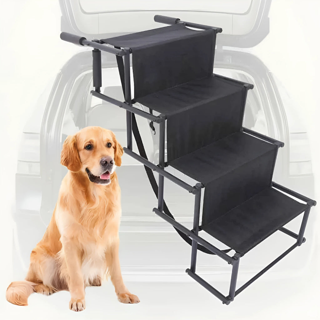 Folding four-step stainless steel dog ladder in navy blue, set up at a car tailgate.