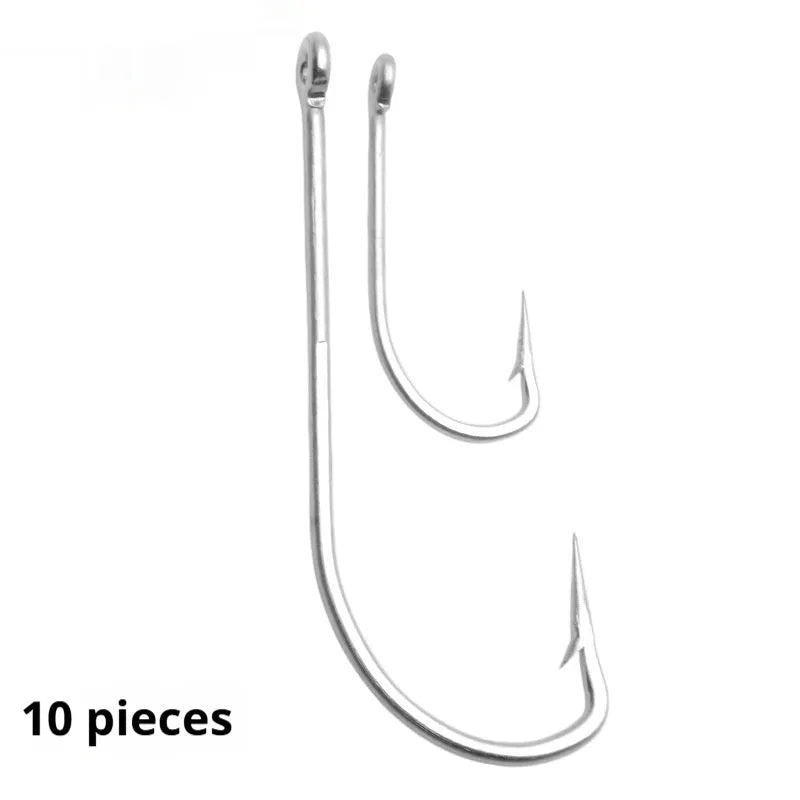 Set of alloy sea fishing hooks in various styles for ocean boat fishing.