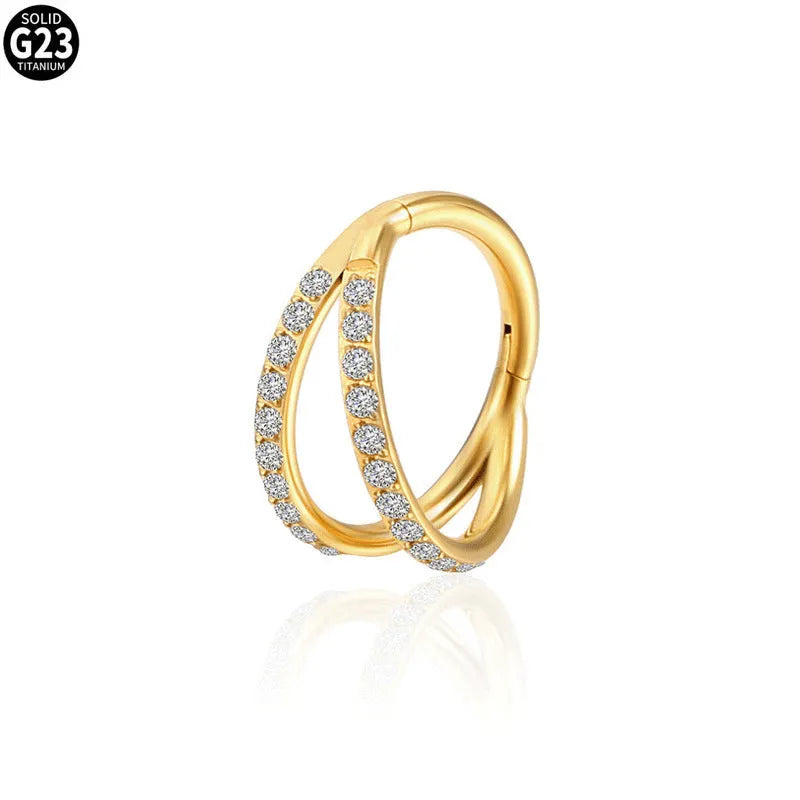 G23 titanium alloy nose ring with monoclinic diamond coating in steel or gold colour, showing size options.