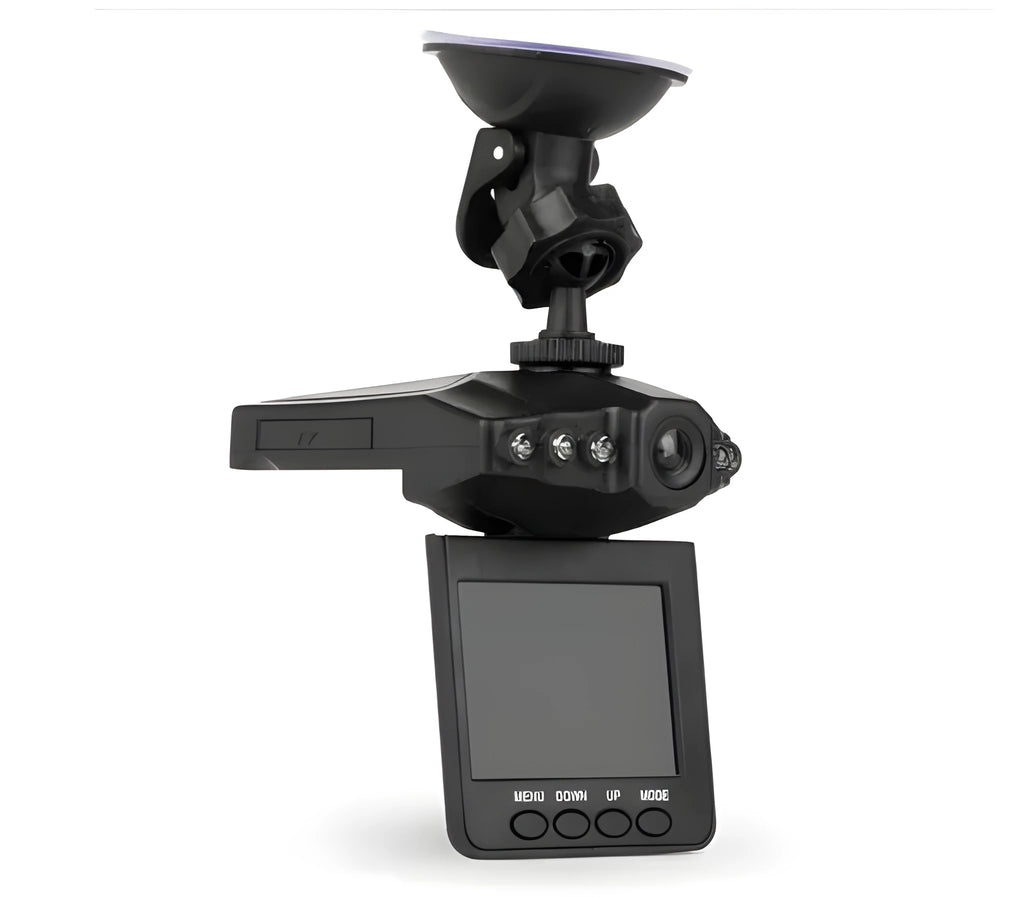 Black HD driving recorder with 120° angle, 3 million pixels, windshield mount, bracket, and car charger.
