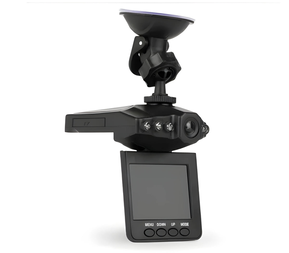 Black HD driving recorder with 120° angle, 3 million pixels, windshield mount, bracket, and car charger.