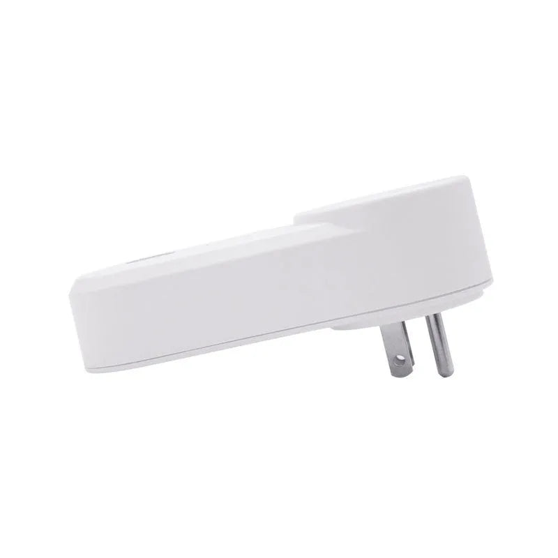 White Wi-Fi smart socket with UK or US plug, shown with ewelink app on phone.