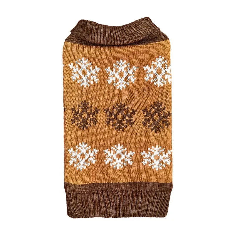 Dark brown and grey dog Christmas sweater with snowflake pattern for winter festive occasions