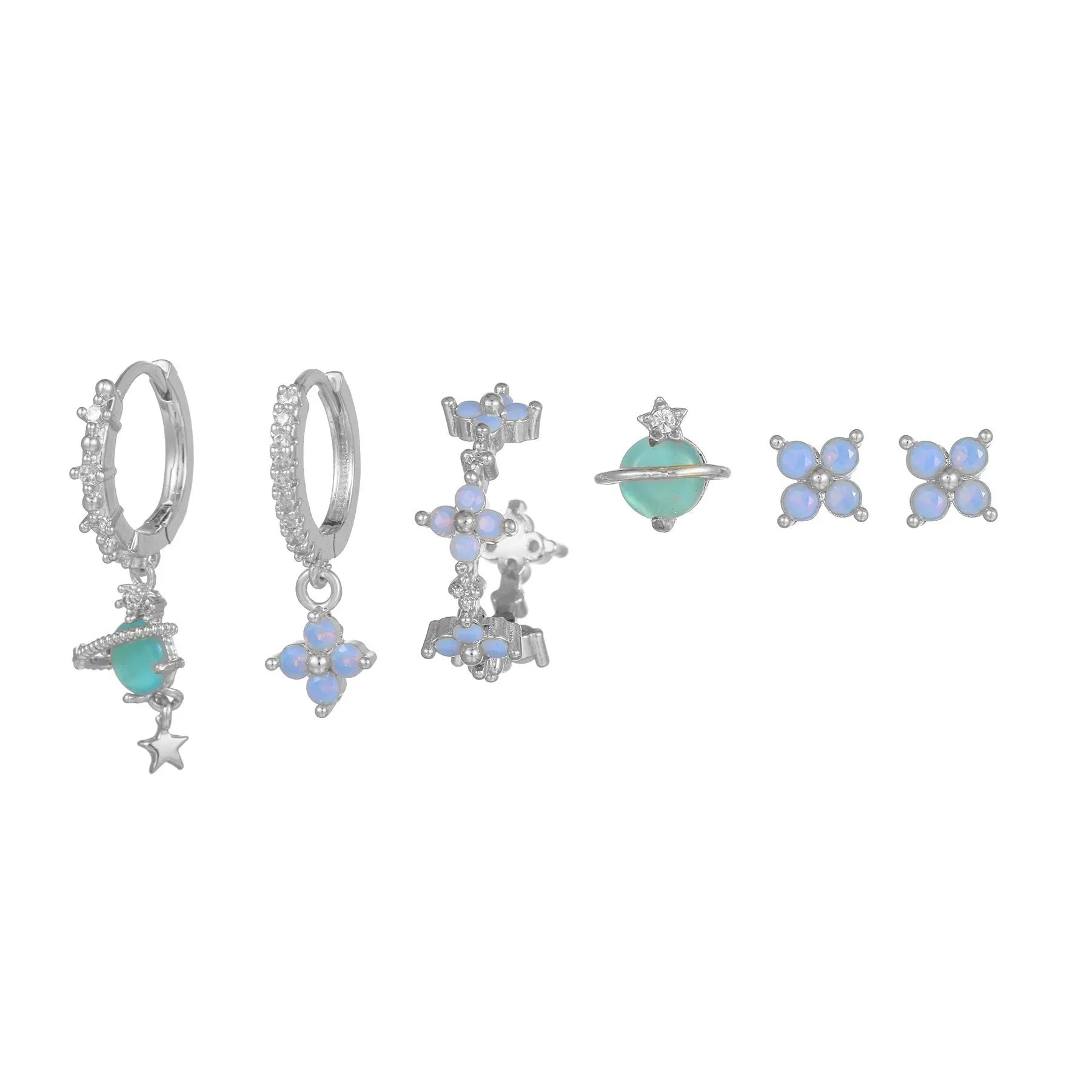 Gold and silver flower shaped stud earrings with a central zircon stone, showing front and back.
