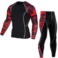 Men's printed long sleeve gym suit in milk silk fabric with 92% polyester, black and red colour