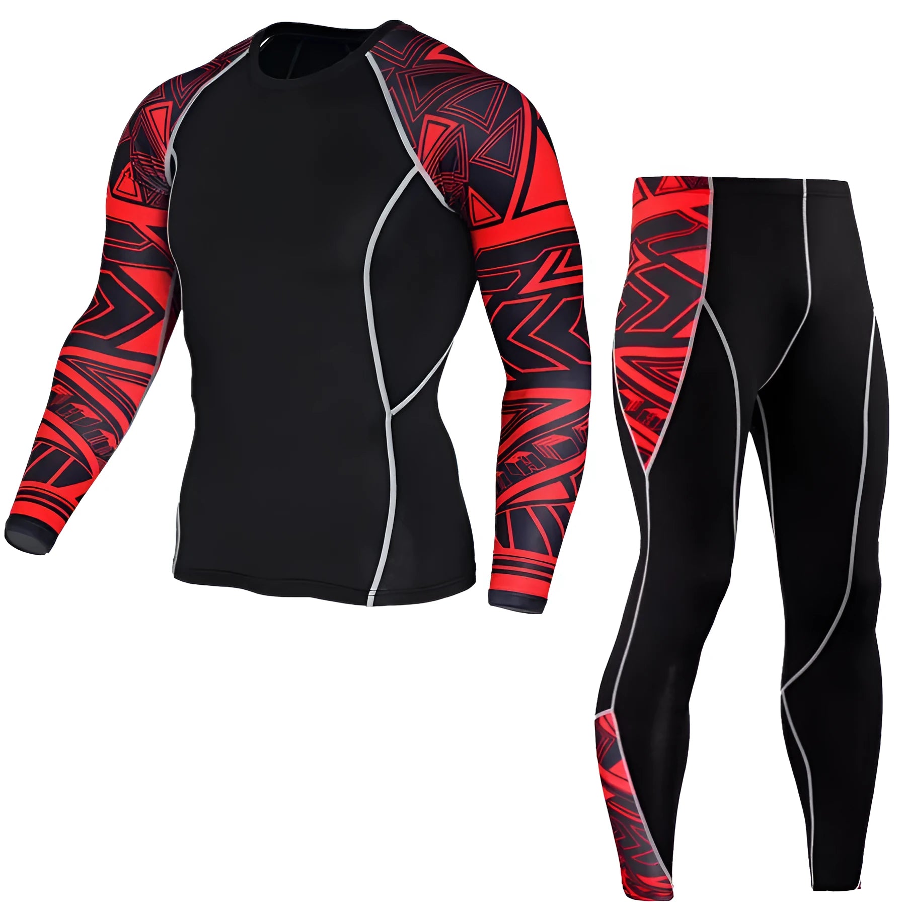 Men's printed long sleeve gym suit in milk silk fabric with 92% polyester, black and red colour
