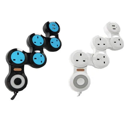 UK standard power strip with 5 rotating sockets and 2 USB charging ports on 4 metre cable