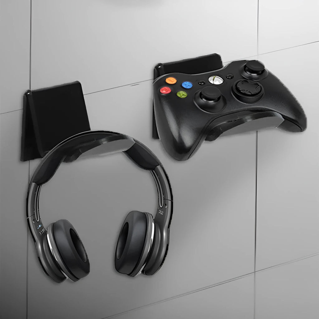 Universal game controller mounting bracket in black colour with nail and adhesive installation options