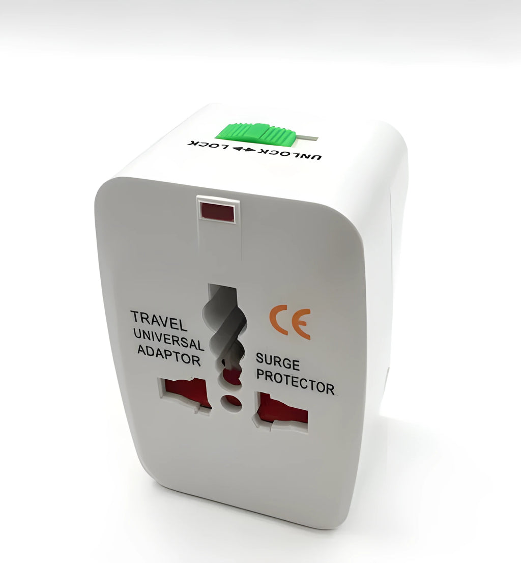 Universal travel adapter and power converter plug for mobile phones, dimensions 73mm by 50mm by 39mm.