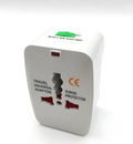 Universal travel adapter and power converter plug for mobile phones, dimensions 73mm by 50mm by 39mm.