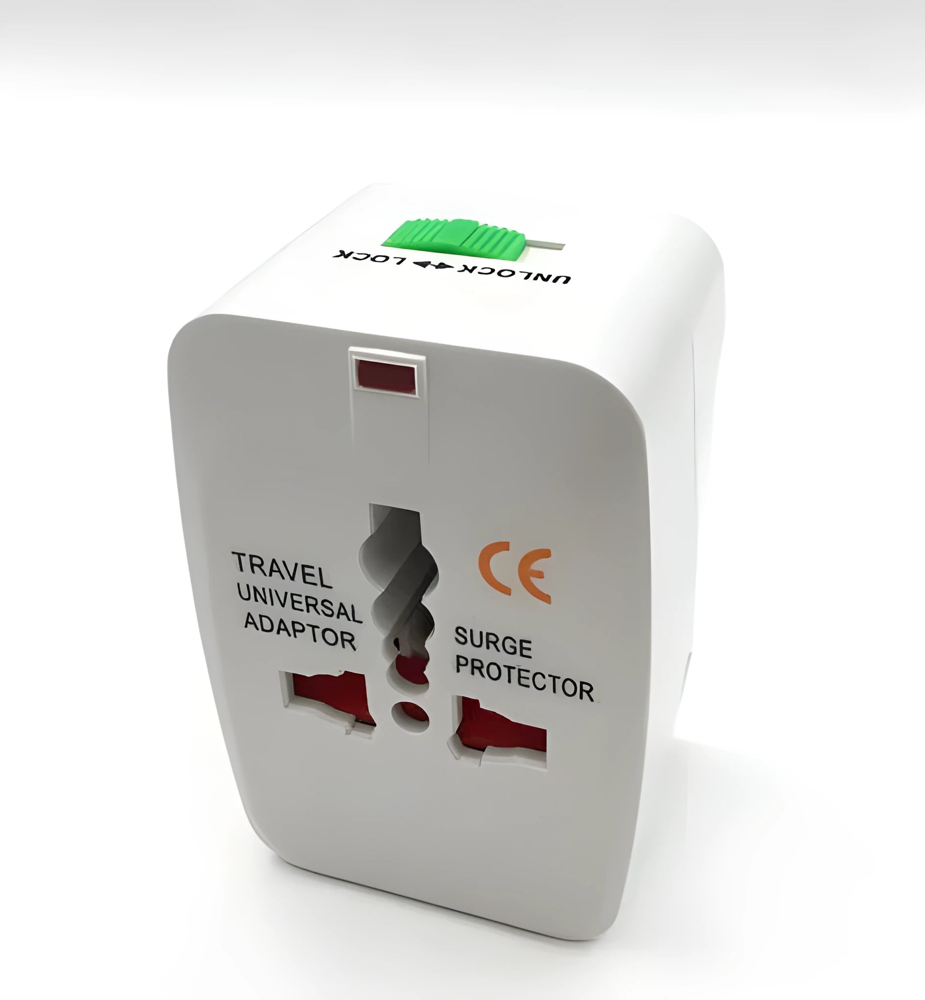 Universal travel adapter and power converter plug for mobile phones, dimensions 73mm by 50mm by 39mm.