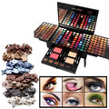 Piano-shaped open makeup palette showing 180 eyeshadows, blushers, and face powders