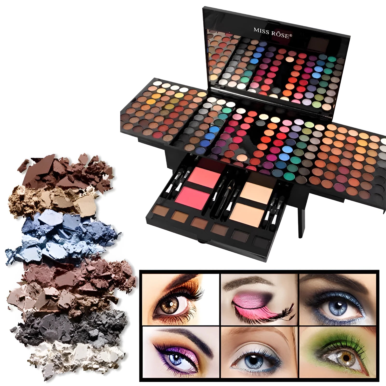 Piano-shaped open makeup palette showing 180 eyeshadows, blushers, and face powders
