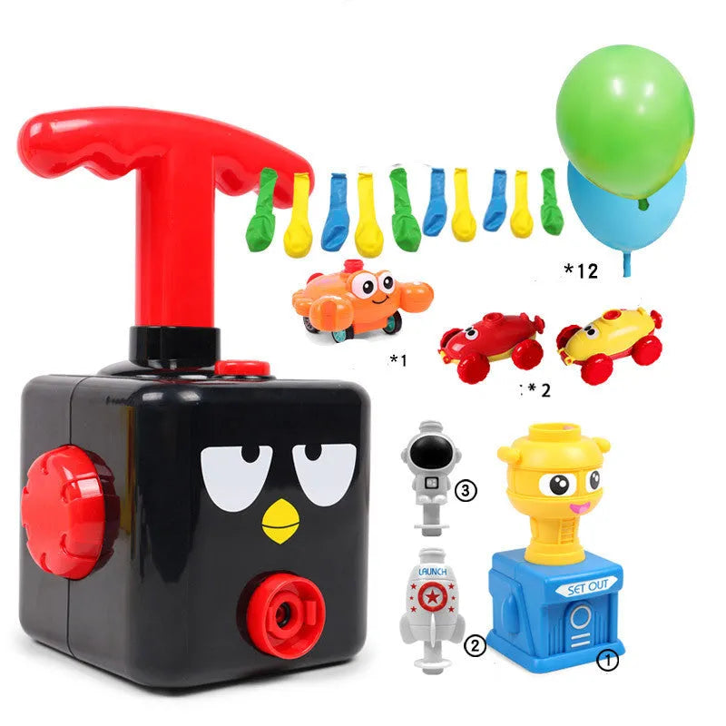 Balloon-powered car toy with inflatable cylinder and trolley, ABS plastic, 11.5x11.5x22.5cm