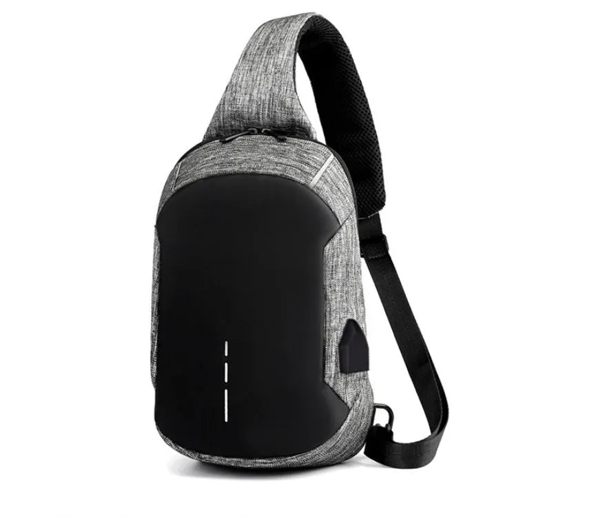 Dark blue waterproof Oxford cloth chest bag with zip and adjustable strap, shown front-on.