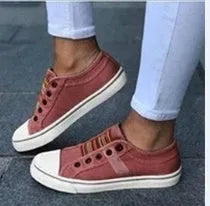 Round head stretch canvas shoes with rubber sole, shown in blue, green, grey, and red, sizes 35 to 43