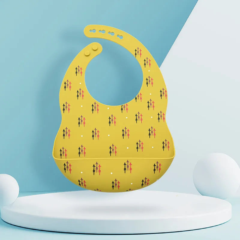 Silicone baby bib with drop catcher and adjustable neck strap in Animal World design