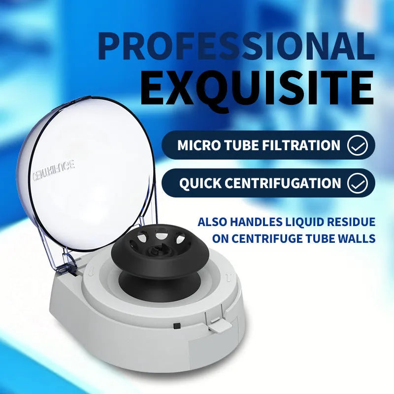 Small white mini centrifuge laboratory equipment on a benchtop