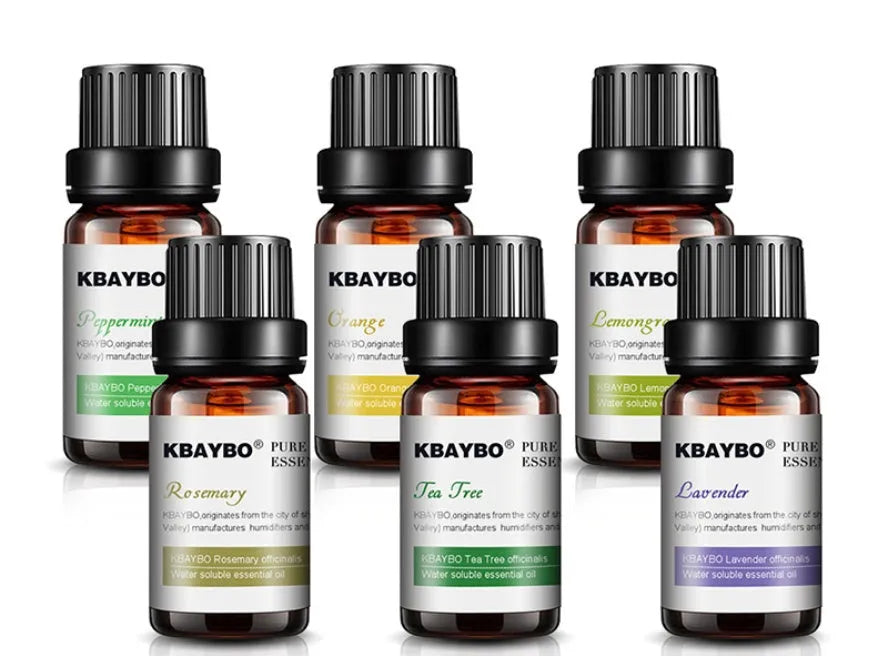 Six 10ml essential oil bottles lavender lemongrass tea tree peppermint rosemary orange for aromatherapy