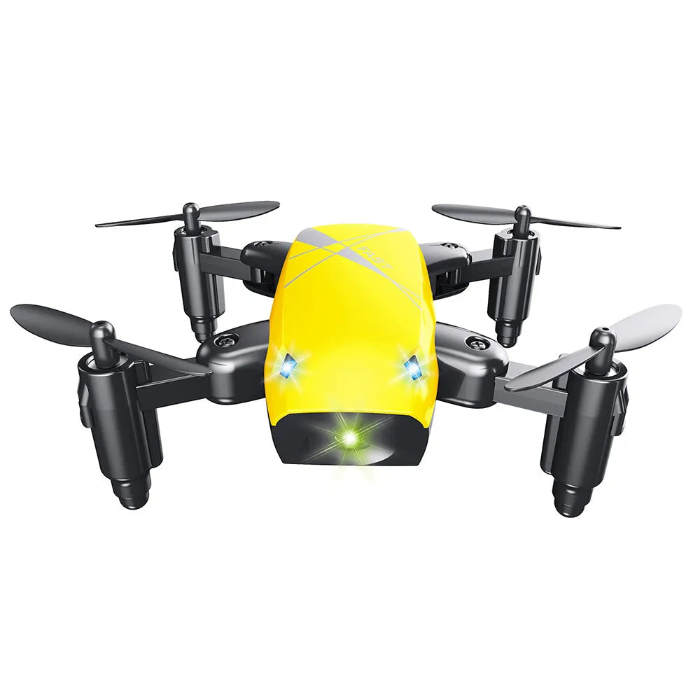 Micro foldable RC drone with 300K WiFi camera in blue, deployed on surface showing foldable arms