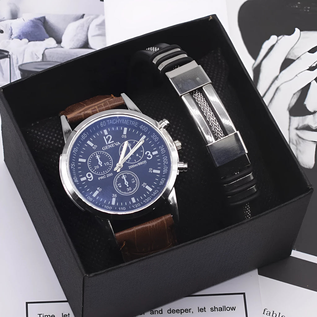 Men's quartz watch with alloy case, glass mirror, and blue light dial, 4.2 cm, black brown colour