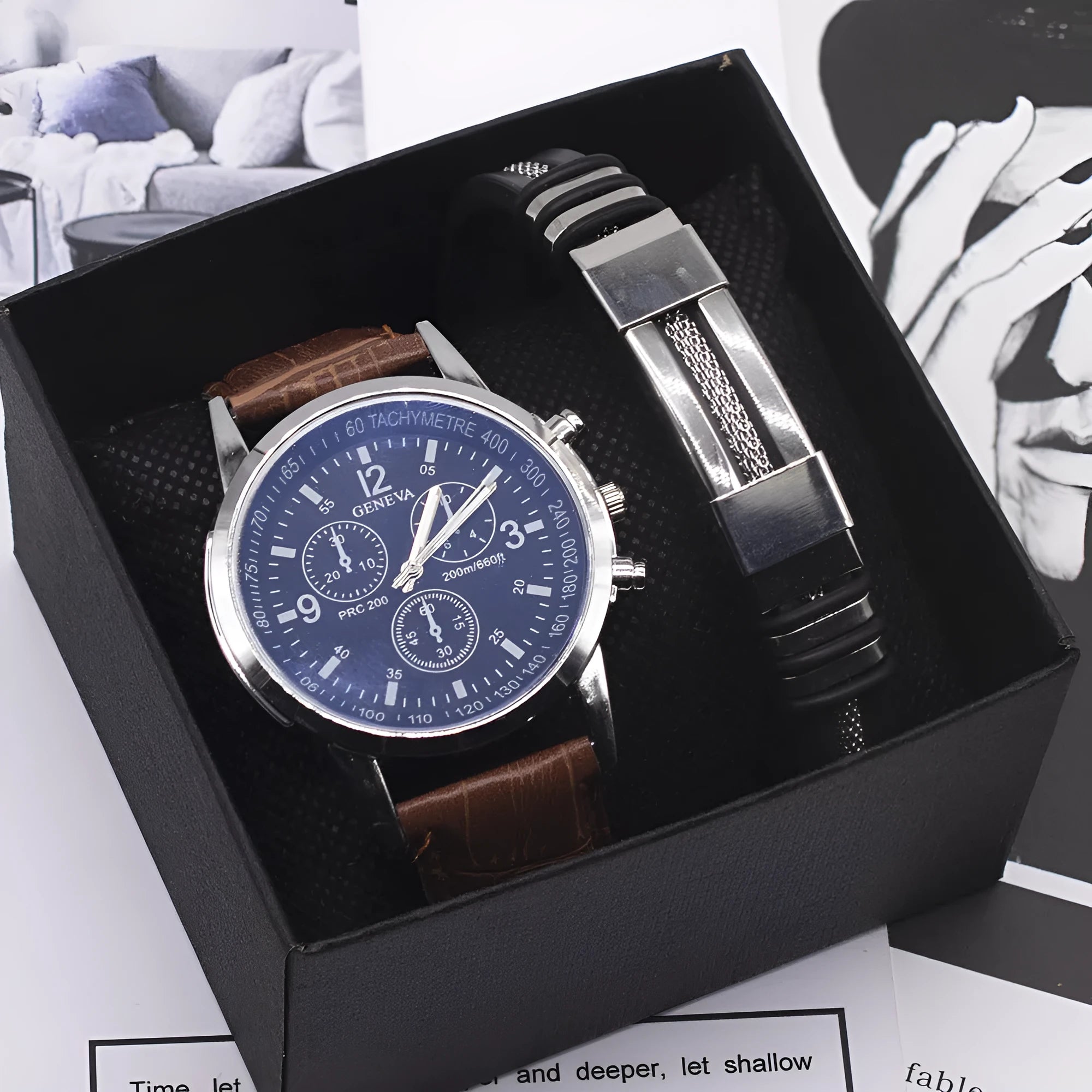 Men's quartz watch with alloy case, glass mirror, and blue light dial, 4.2 cm, black brown colour