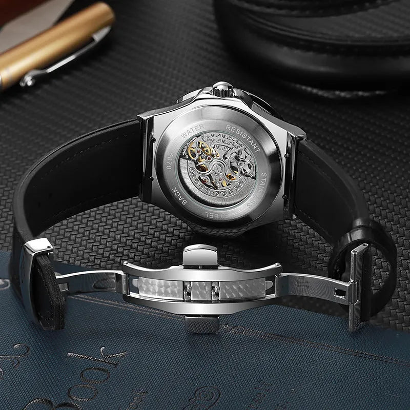 Automatic mechanical men's watch with diamond studs on the bezel and a hollow movement design.