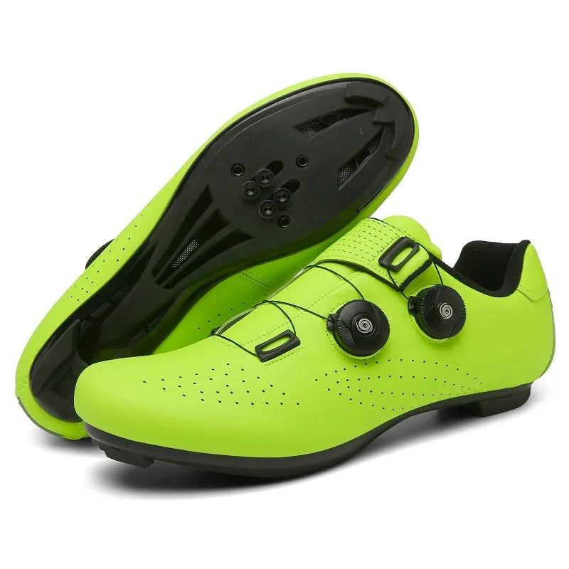 Unisex road bike cycling shoes with lock, breathable lightweight, shown in black, white, red, and camouflage colours.