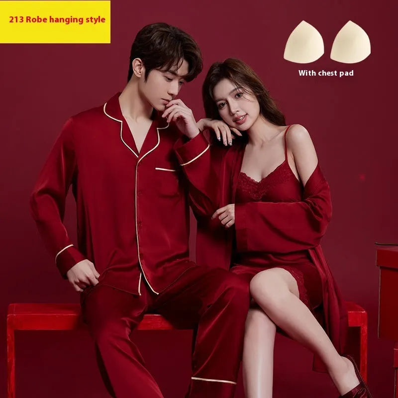 Men's and women's red ice silk wedding dowry sleepwear suit set with long sleeves and trousers