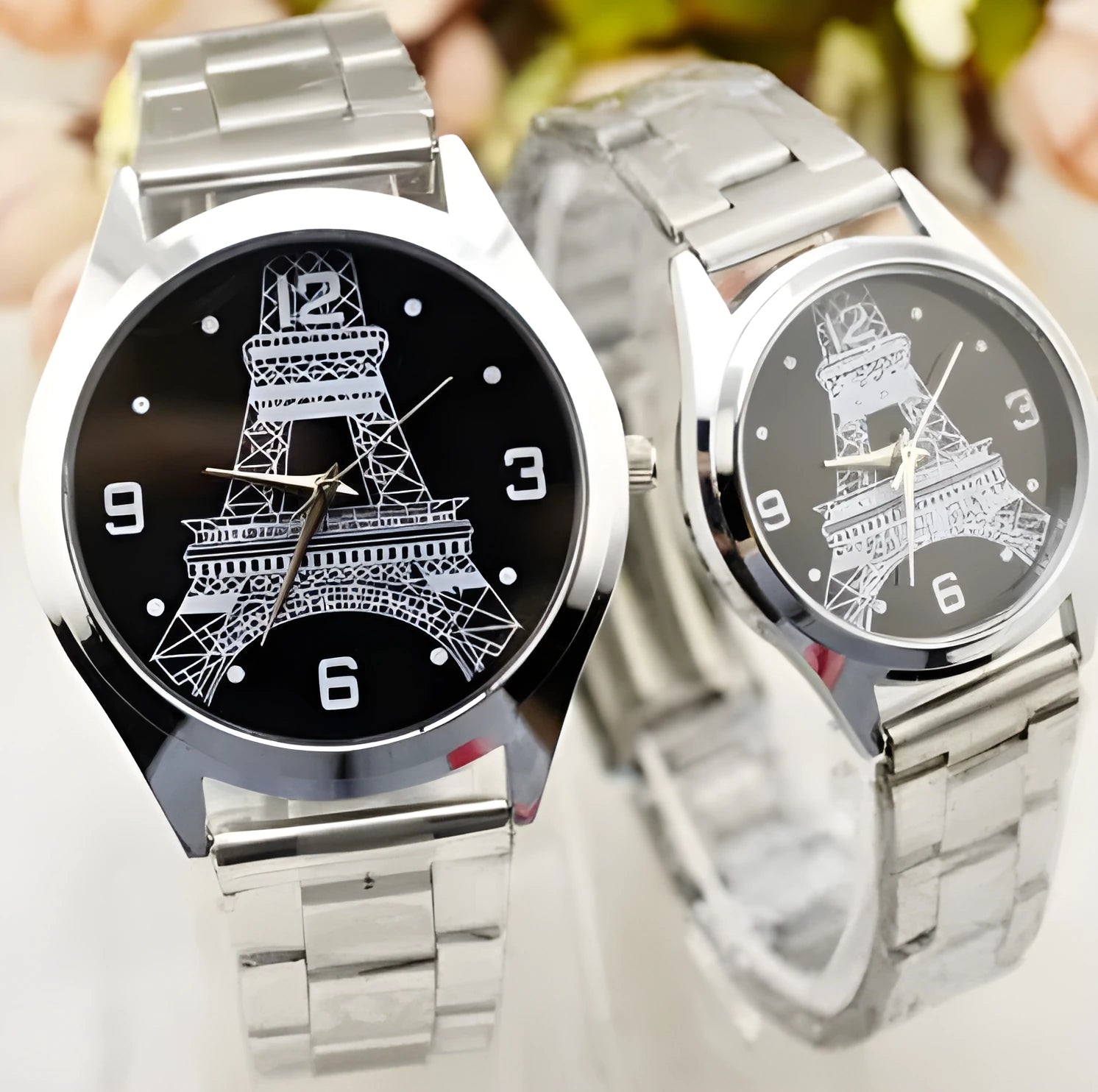 Round dial Eiffel Tower motif quartz wrist watch with stainless steel case, men's style