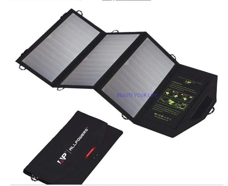Black foldable portable solar panel charger with dual USB ports for outdoor phone charging