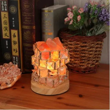 Himalayan crystal salt lamp with wooden base and dimmable switch, pink and orange rock salt, 220V, UK plug
