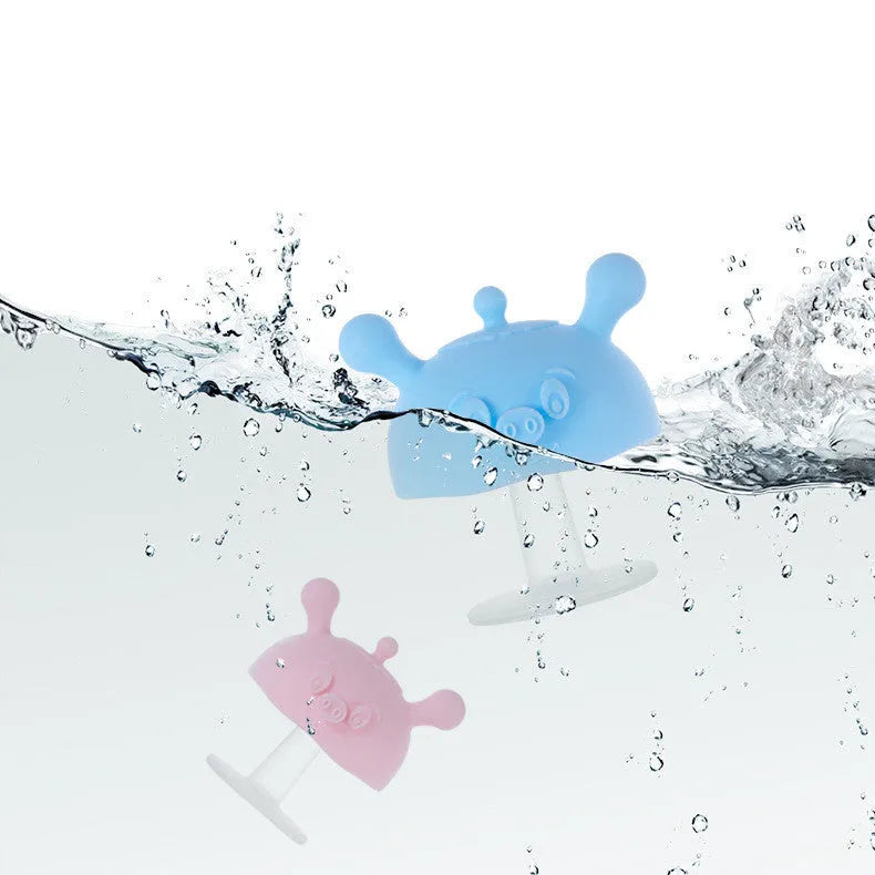 Liquid silicone baby teether for infants over 6 months, single pack, pink or blue colour options